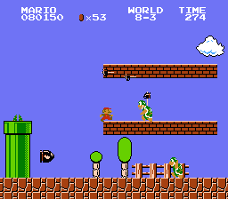 Mario walks toward a Hammer Bro. throwing a barrage of hammers in a narrow passage.