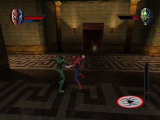 Spiderman and the Green Goblin about to trade blows.