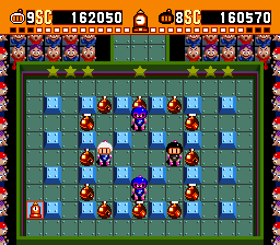 The player surrounds our heroes and their opponents in a circle of bombs.