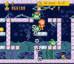 Spanky bursts a bubble and sends a barrage of soccer balls at enemies.