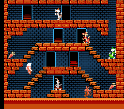 Bugs needs to climb several staircases to reach his goal, but a mob of enemies stand in his way.