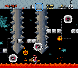 Mario nearly touching lava while being dangerously close to a plethora of obstacles. How is he going to get out of this one?