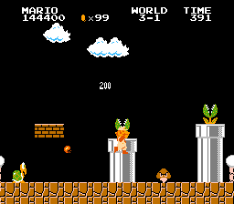 Mario pipe crossing while shooting a fireball at a Koopa.