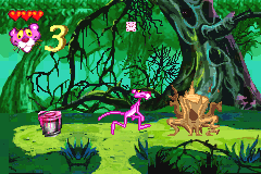 The Pink Panther approaches an animated tree stump in a forest stage.
