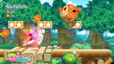 Kirby uses Wing's Condor Head to quickly advance past some Waddle Dees.