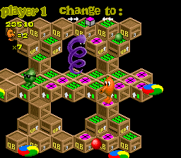 Q*bert evades enemies and hops on wooden crates.