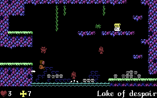 Jean leaps to a platform of skulls over the Lake of Despair.