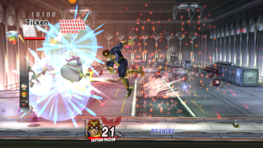 Captain Falcon throws a Cracker Launcher amidst exploding fireworks.