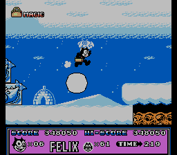 Felix jumping from a giant snowball.